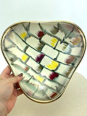 Vintage MCM West Germany ceramic shallow bowl, grey, red, yellow with gold rim